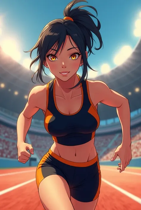 "4K anime style quality, digital drawing mode, athletic and dynamic female character, long black hair tied in a ponytail, glowing amber eyes, wearing a sleek black and orange sports outfit with aerodynamic lines, standing in a bustling stadium under bright...