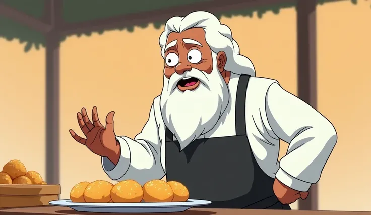 Anime style illustration of a 50-year-old golgappa vendor with white hair and a white beard stands behind his stall, looking shocked and amused. He is wearing a traditional white Indian outfit with a black apron. His eyebrows are raised high, and his mouth...