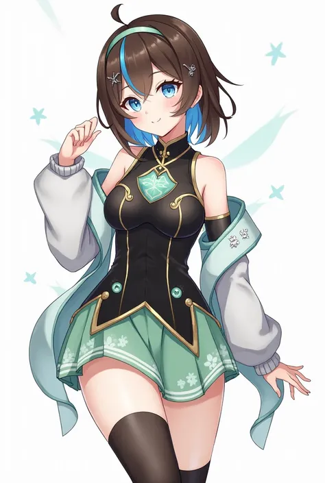 Genshin Impact type of girl, with brown hair with blue highlights, anemo vision, clear blue eyes, dressed with a black top with light green details and knee high skirt with wind patterns, with thigh highs, white skin, gold small earrings