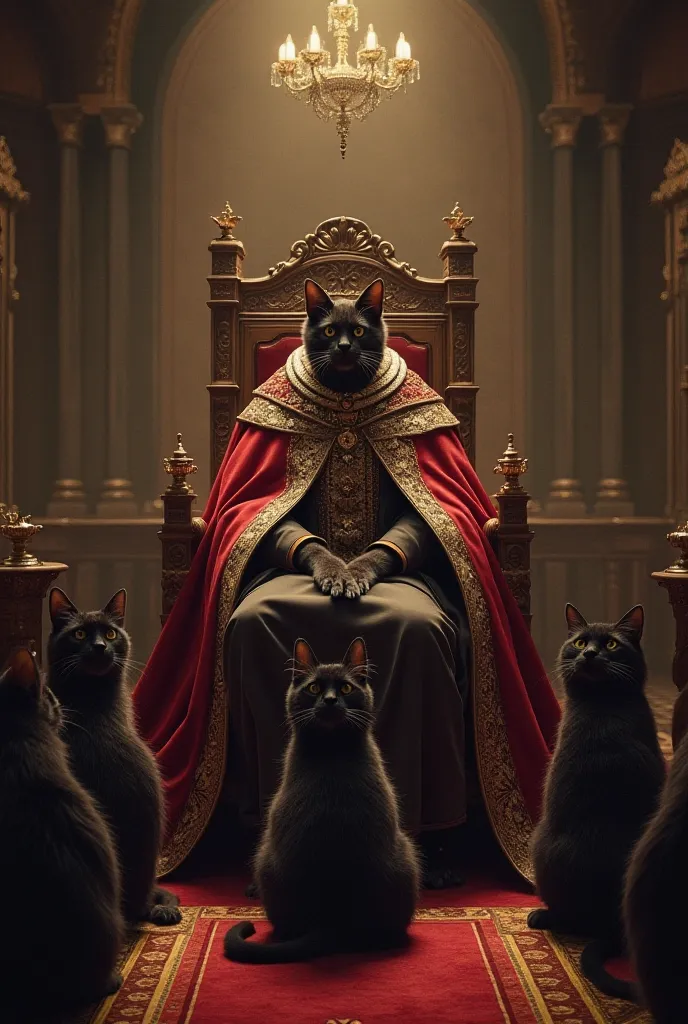  “In a medieval castle, the cat king sits on the throne. Next to him is his youngest son ,  on the other side, his wife .  Ministers lined up in front of him .  In the front row, the cat minister is black .”