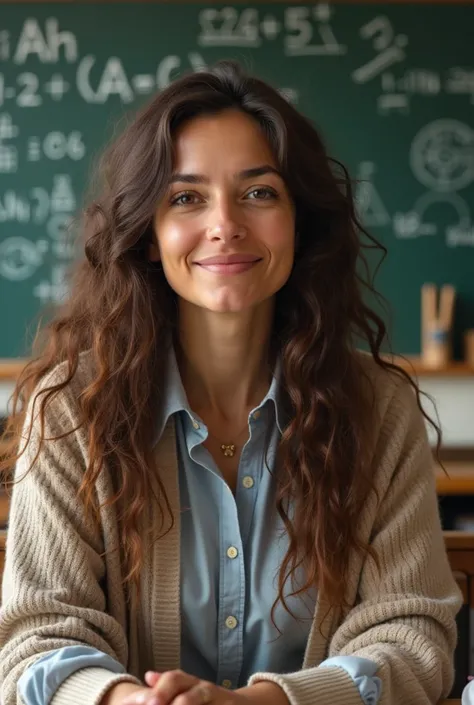 Math teacher with long curly brown hair