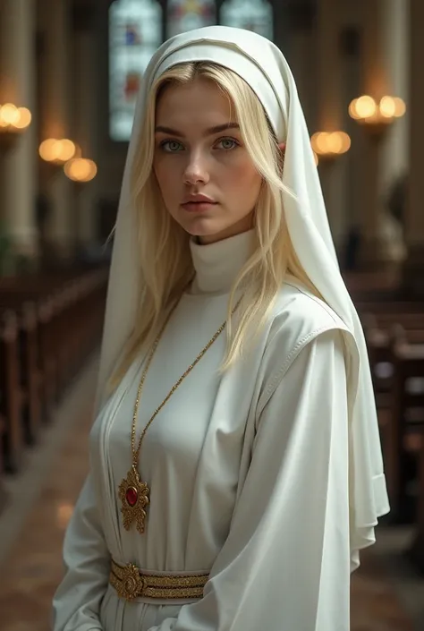 35 years old nun, blonde, Green eyes, white nun's habit (church background)