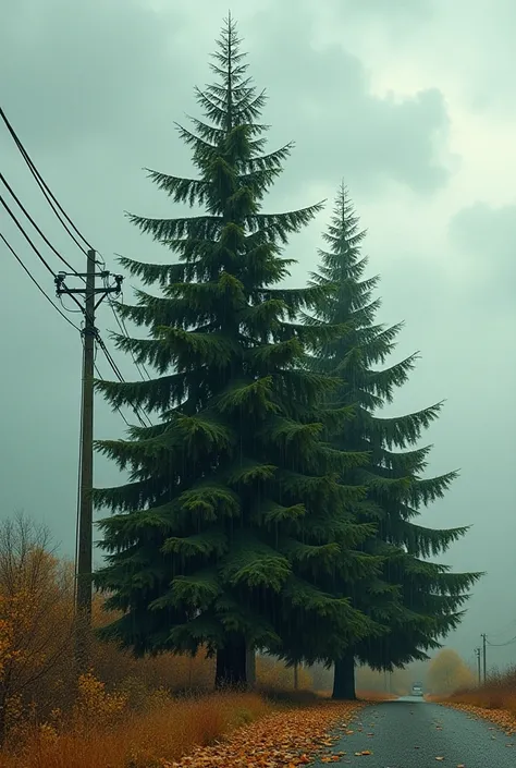 
" Two tall, green pine trees crouched beside lines of messaging wires, outside the city .  Autumn scene with golden and orange leaves falling on the ground .  Cloudy and rainy sky, with a barrage and fierce wind that One has bent the pine tree towards the...