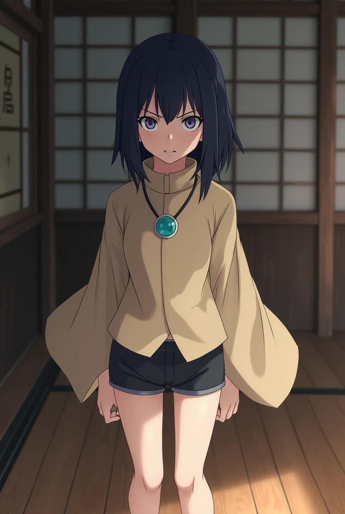 Create a girl like HINATA HYUGA FROM NARUTO,with the same features,Beige kimono style t-shirt,Shorts Negros,sky stone necklace,with an angry face,barefoot,in a house