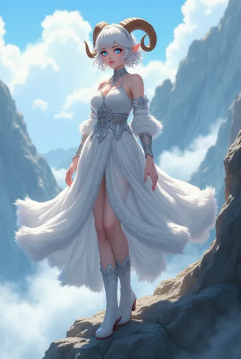 "4K anime style quality, digital drawing mode, goat-themed female character, short curly white hair with ram-like horns, glowing soft blue eyes, wearing a flowing white and silver gown with fluffy fur accents, standing on a rocky mountain peak with mist sw...