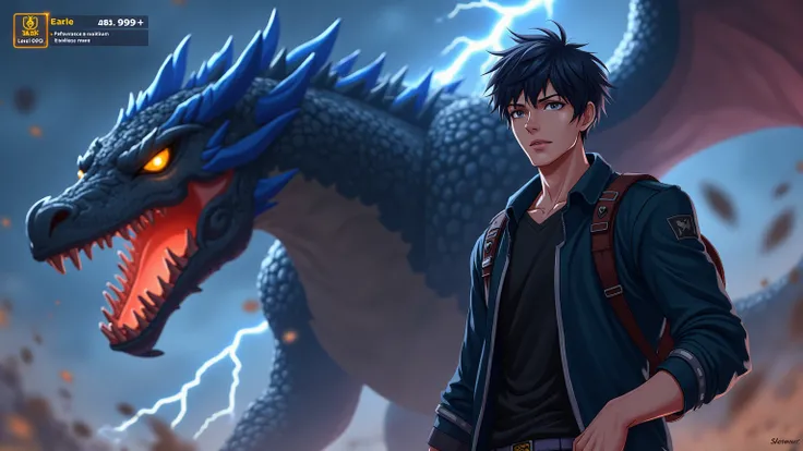  Anime style illustration, dark-haired young man with a muscular build with a cold-blooded expression,  is wearing a stylish dark jacket and a black T-shirt ,  with a backpack behind . Next to him is a huge dragon with black and blue bone armor , , glowing...