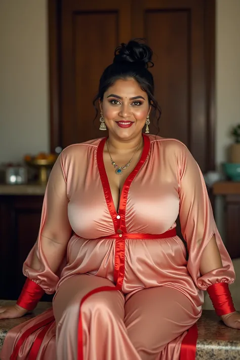  married 40-year-old Indian woman looking at the viewer , wearing shiny finish ,  shiny and reflective long silk plus size transparent white and red silk blouse , big fat ass , wide hips, big thighs, large hollowed out chest,  voluptuous body,fat man wide ...