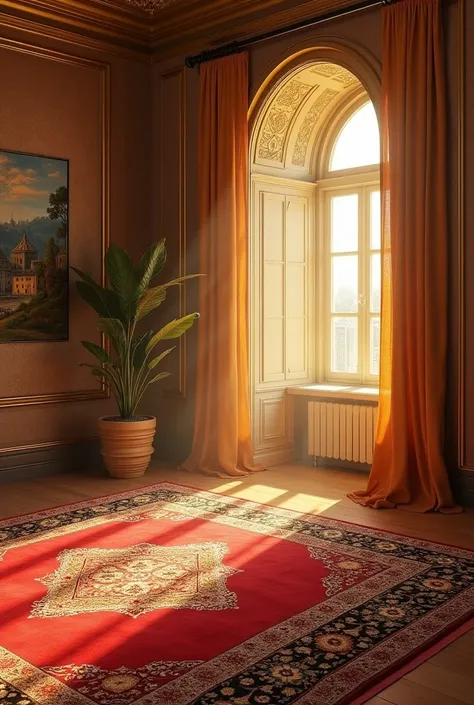 An ancient oil with a luxurious and modern character and an Arabic style for an Arabic carpet with pomegranate. Make the sunlight overlapping in golden shape and make the corners of the room visible. Make rectangular and the carpet close to the painting