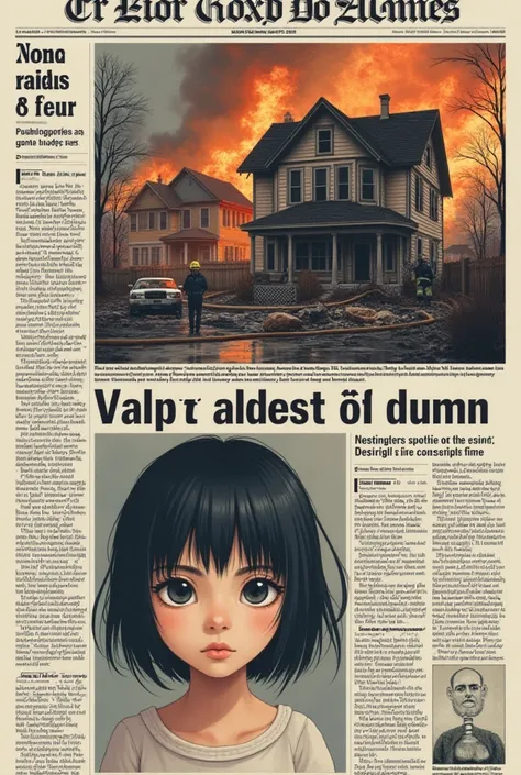 Make a picture of a news item in the newspaper for a house that was burned by a girl named Yomna