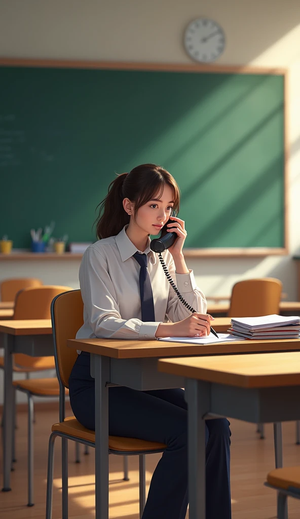 A teacher sitting in a class room attending a phone call. 