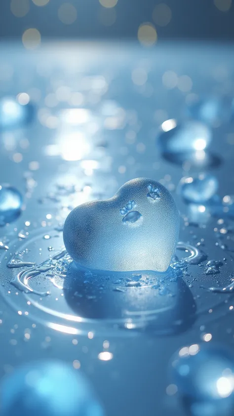 Glass surface. Droplets of moisture. Pieces of ice and melted water. Little hearts in the ice. 