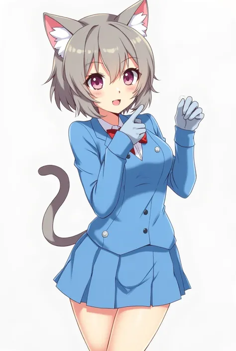 anime girl in a blue outfit with a cat tail and a pair of gloves, an anime drawing by Kose Kanaoka, pixiv, furry art, anime catgirl, cute anime catgirl, cat girl, attractive cat girl, catgirl, beautiful anime catgirl, very beautiful anime cat girl, konosub...