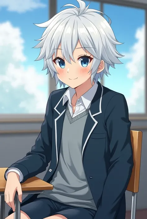  Make me a picture of an anime character. A young teenager in high school has white hair and blue eyes. He wears Japanese school clothes. He is somewhat dwarf but not exaggerated. I want him to have a simple smile and wink at his eyes. The sun is there but...