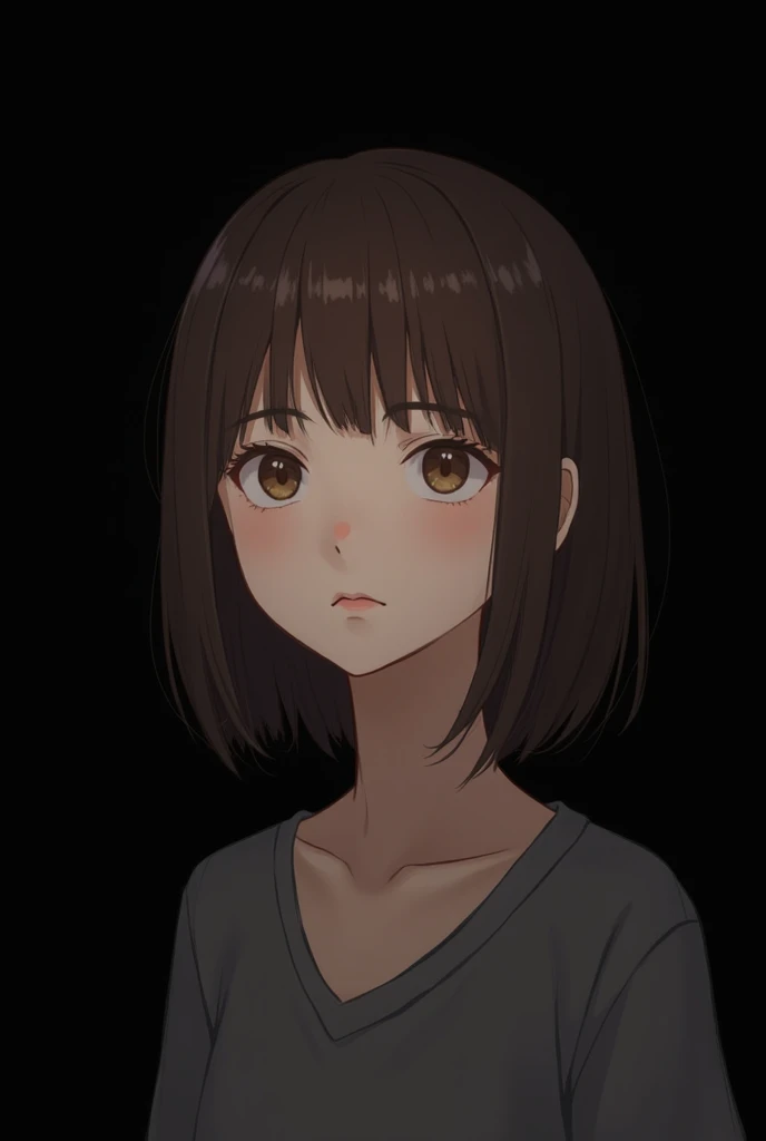 
White girl, brown straight hair, anime type with black background