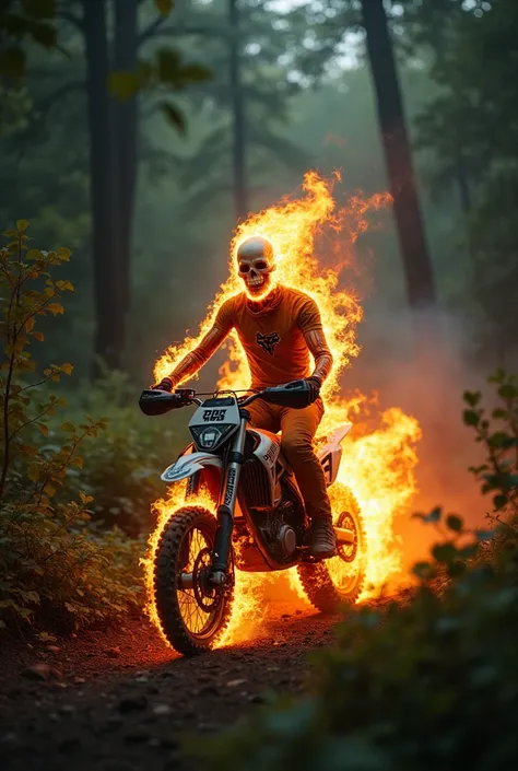 Create a photograph of Ghost Rider  , using FOX off-road equipment and riding a burning HONDA off-road motorcycle, in a setting in the middle of the forest hiking  