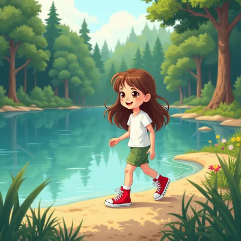 cartoon style drawing, a  girl, long brown hair, brown eyes, white t-shirt, green shorts, red all star style long top sneakers, walking on the shore of the lake in the forest