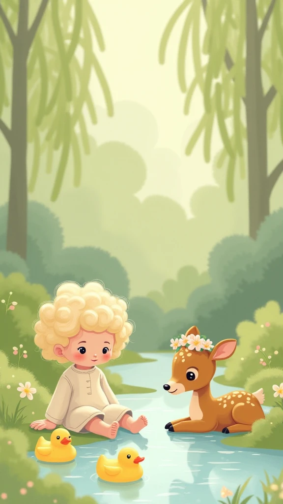 A toddler with two years old blonde and curly hair , is seated by a shallow body of water in a lush, green forest. She is light-skinned and has a gentle expression, her eyes looking downward and her mouth softly closed. She's wearing a light beige or cream...