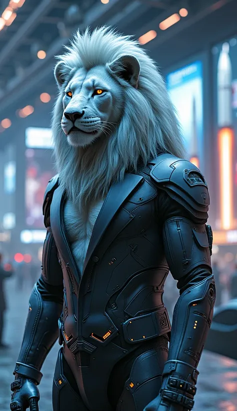  "A fusion between Elon Musk and a futuristic lion. He has a shiny silver mane, glowing cyber-blue eyes, and wears an elegant technological suit. His body blends natural muscles with cybernetic enhancements. The scene takes place in a futuristic city full ...