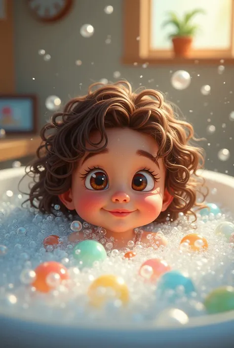 Pixar 
 girl brown curly hair brown eyes
Bathtub 
Take a bath 
Full of bubbles