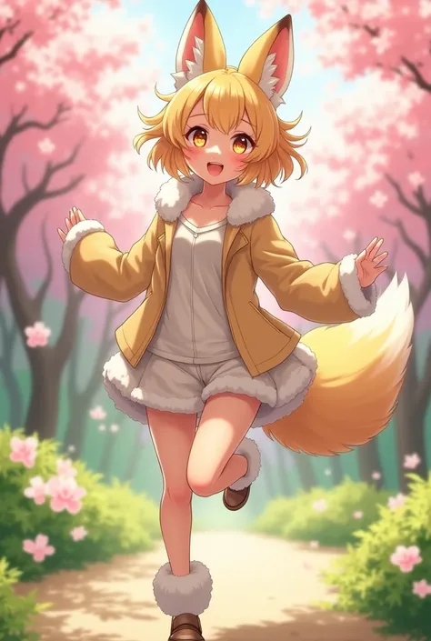 "4K anime style quality, digital drawing mode, nature-themed female character, short sandy blonde hair with fox-like ears, glowing amber eyes, wearing a light beige and white outfit with playful, fluffy fur accents, standing in a peaceful Japanese garden w...