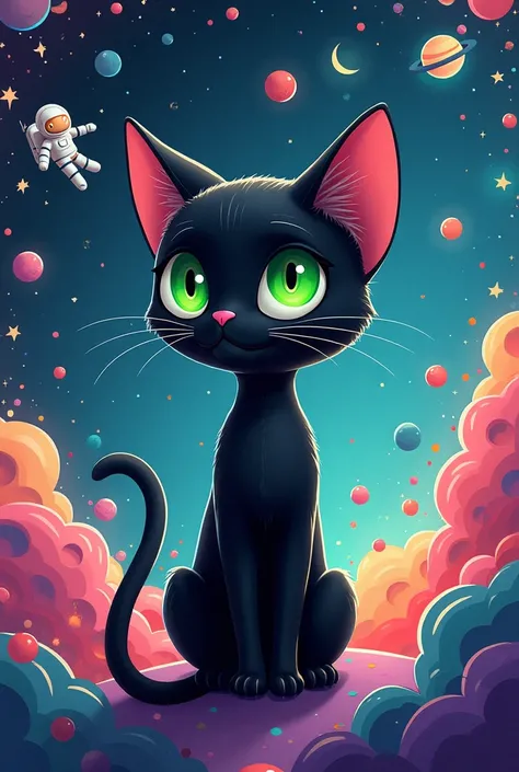 Create for me a black cat with green eyes with an astronaut and space design with many colors on the animated and tender space 