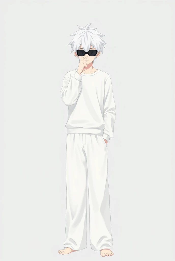  A young male anime-style character ,  with spiky white hair and wearing black futuristic glasses that cover his eyes.  He is dressed in a white long-sleeved shirt and wide white pants , creating a minimalist and clean look . Your pose is relaxed,  with on...