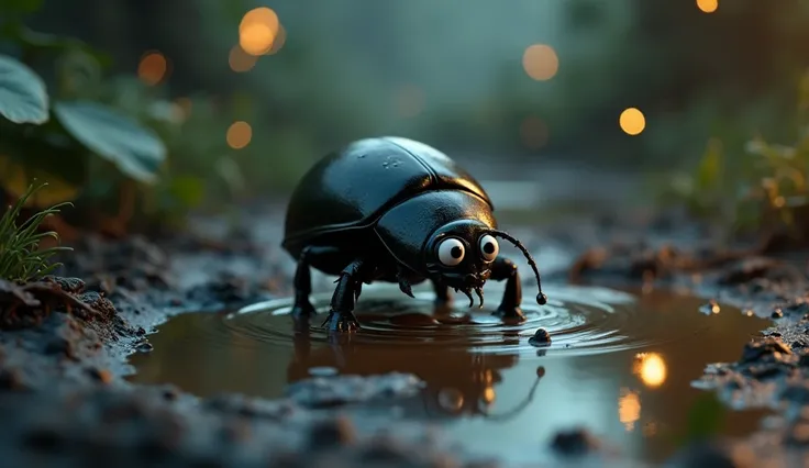 

"A beautifully detailed, cinematic 3D-rendered scene of Kóre, a small scarab beetle with a dark, glossy shell, carefully making his way across a muddy puddle. His large, expressive white eyes with deep black pupils show determination and focus as he step...