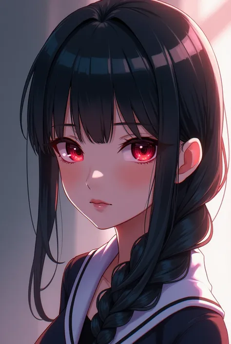 Anime girl with black hair in a braid, and ruby colored eyes