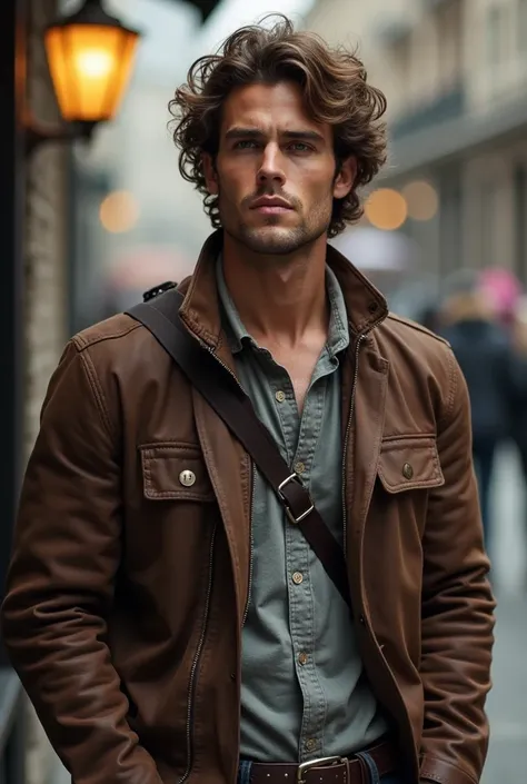 Brown-haired college man mixed leather light eyes tall curly 