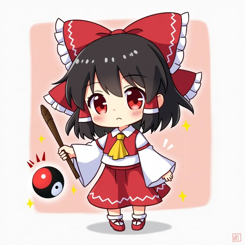 Create a chibi-style depiction of Reimu Hakurei from Touhou Project. She is a cute, super-deformed shrine maiden with a round face, oversized sparkling eyes, and tiny hands/feet. She wears her iconic red and white outfit: a red bow tied at the front, long ...