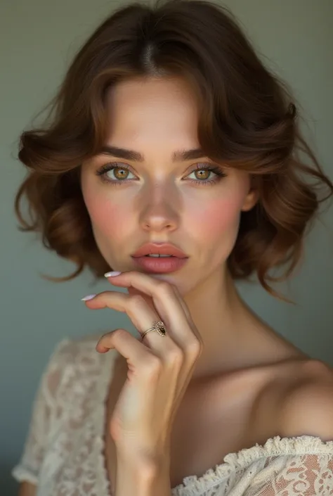 Woman ,  height 1.60, French,  vintage style, baby face, thick heart-shaped lips,  light brown eyes ,  very light brown hair , Sharp nose,  slim build, white complexion and a heart-shaped mole on the hand