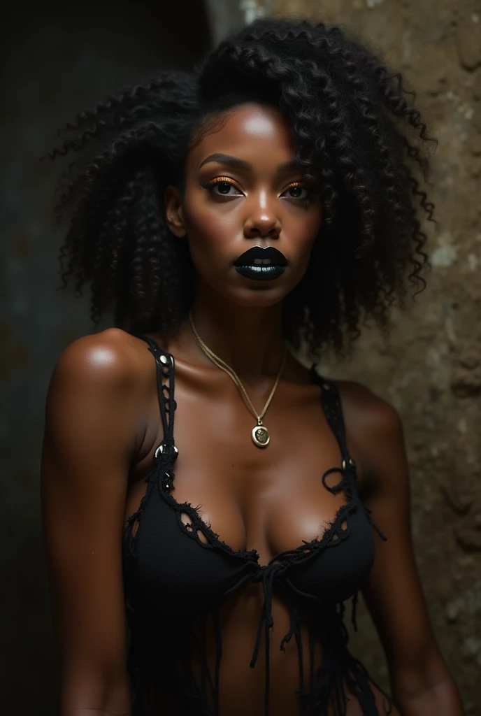  African girl, Alicia Keys lookalike, beautiful black puffy lips, big huge breasts, light pink lips, orange eyes and torn slave outfit, body sweat, pubic hair, dungeon background, slim, (hot black lipstick, black eyeshadow, makeup)