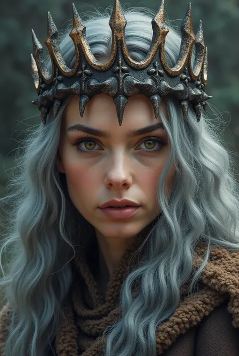 Picture of a beautiful still very young looking viking woman warrior she is 50 years old with long curly gray  hair and hazel eyes, wearing a crown made of iron and human bones