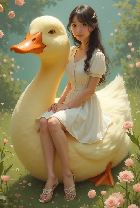 The cute lady sitting on the duck shows off her gentle personality in her clothes