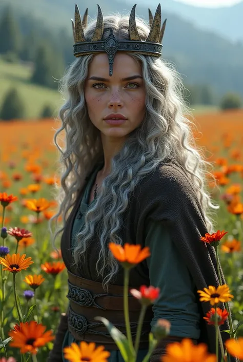 Picture of a beautiful still very young looking viking woman warrior she is 50 years old with long curly gray hair and hazel eyes, wearing a crown made of iron and human bones Standing in a flower field 