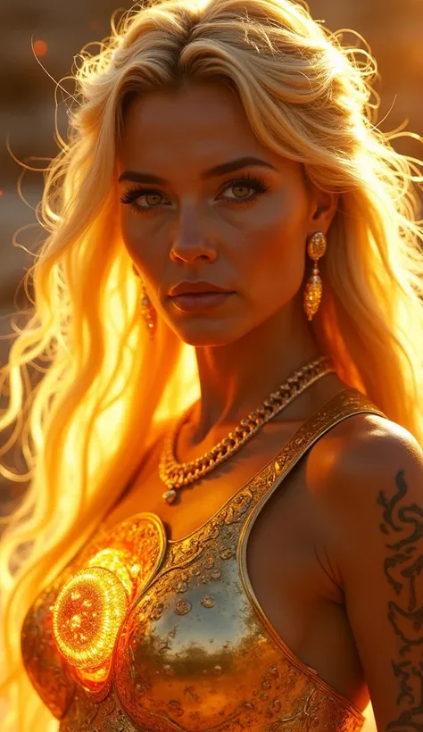 An ultra-detailed, cinematic close-up of a majestic Solar Queen, a being of pure light and divine energy, radiating an unstoppable celestial power. Her piercing molten-gold eyes, glowing like miniature suns, burn with fierce intensity, as if they hold the ...