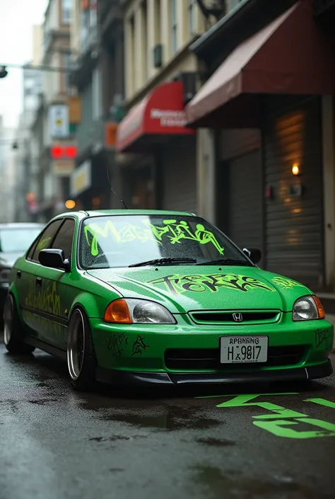 Honda civic 1999 sedan verde, With the word Mafia Tokyo in graffiti 