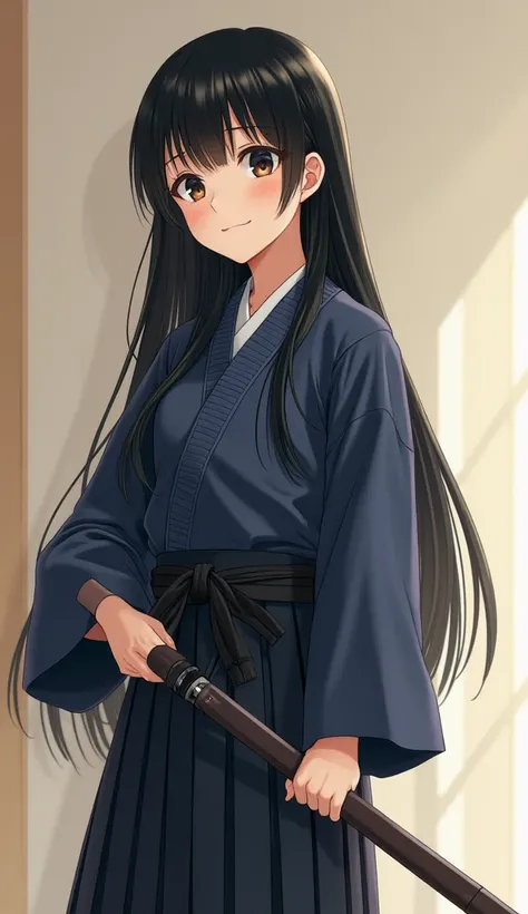   Japanese、  beautiful girl、  middle school student 、kendo uniform 、  black hair、 Long hair height 165 cm、  sling、  slender、  file、  slippery、 whole body、  Confident Expression 