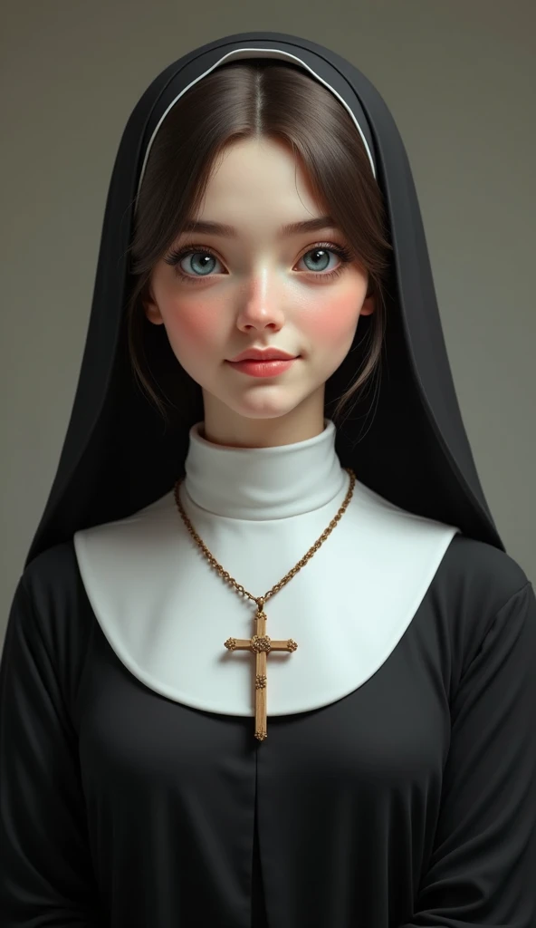  Sister Agnes is a young woman of delicate stature and gentle appearance . Her face is oval,  with a high forehead and a delicate ,  straight nose bridge .  Her cheeks are rosy and her lips full and soft .  Her eyes are big and blue ,  framed by thick ,  d...