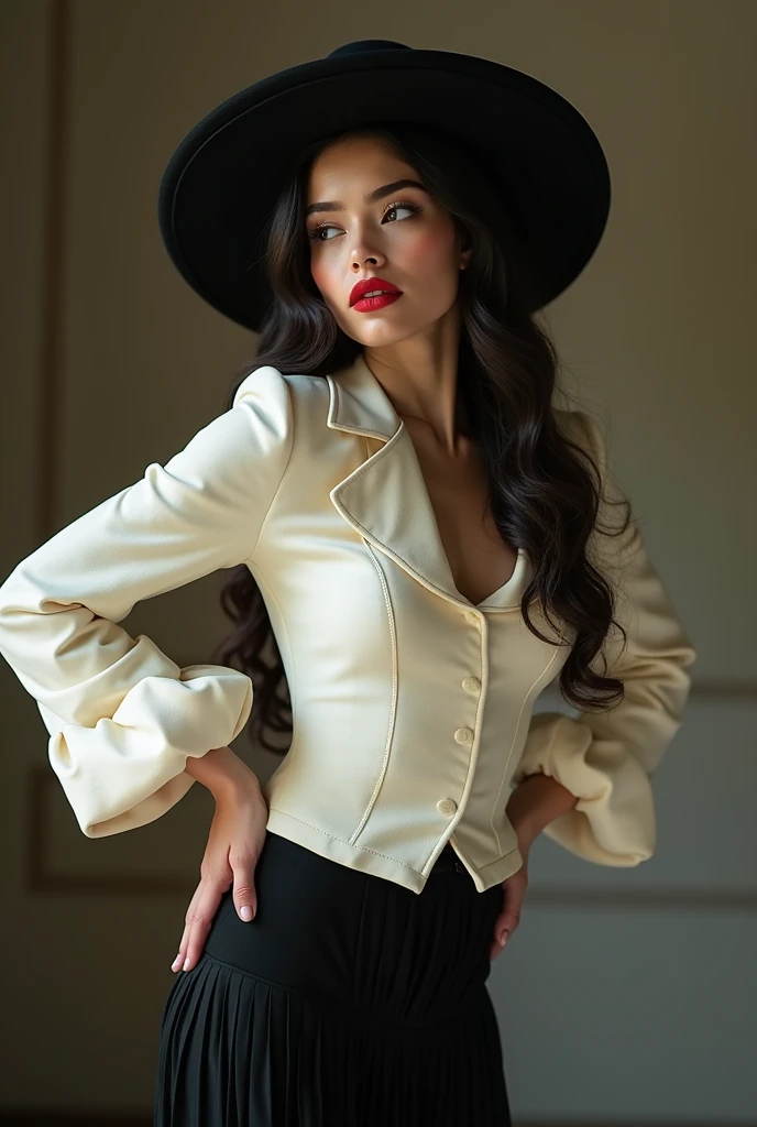 a young woman model wearing a cream colored Christian Dior "Bar" jacket, tuned with a Victorian style, big puffy sleeves, tailored in a corset shape, with volume on the hips, and a black pleated wool skirt, with a classical dancer gracious figure and pose,...