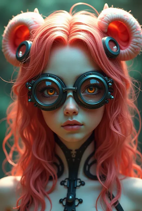 An axolotl girl ,  with very long curly red-pink hair,  makeup has technological goggles ,  and Azteca , That has the face of an axolotl.