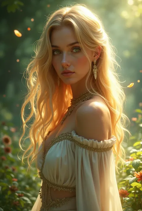 

a beautiful woman, honey blonde hair,  green eyes. She's a character from a fantasy story.

