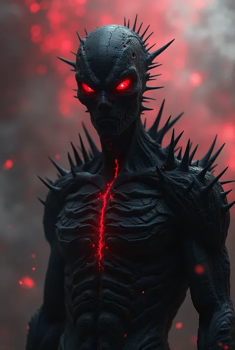 Close-up of a faceless black character with dark spines with red cracks on his body :1.5)0.9], (Background with fog and smoke and red rays cutting through the sky :1.2) (:1.1) ( red eyes :1.2) (:1.0)