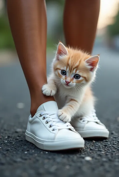 Live action kitten wearing white sneakers on asphalt trying to climb the owner's feet