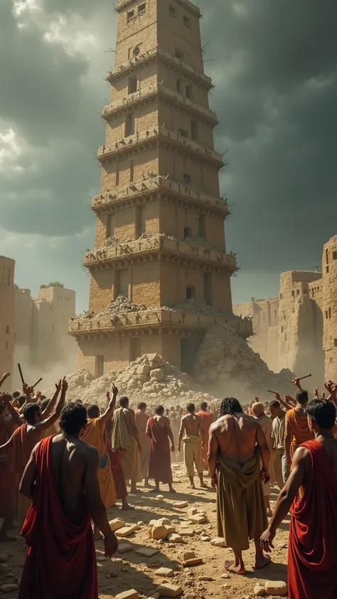  A chaotic scene in the construction of the Tower of Babel .  Confused workers desperately gesticulate ,  trying to communicate without success .  Some have dropped their tools ,  while others argue heatly with expressions of frustration and despair . on t...