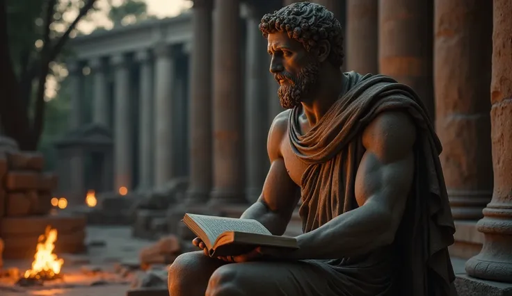 Ancient Greek statue with dark tones and ancient Greek columns in the background and an ancient setting, And with some fire lights and some trees in the background and sitting with a book in his hands 