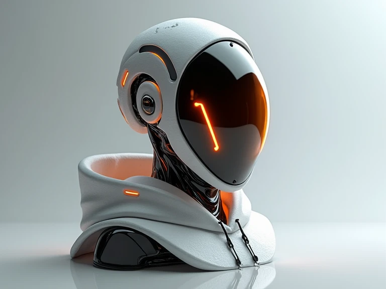 A futuristic android bust made of sleek, polished mineral with a smooth, reflective surface. It is partially covered in a transparent liquid that shimmers with deep orange and black hues, adding a dynamic, high-tech aesthetic. The android wears a modern sc...