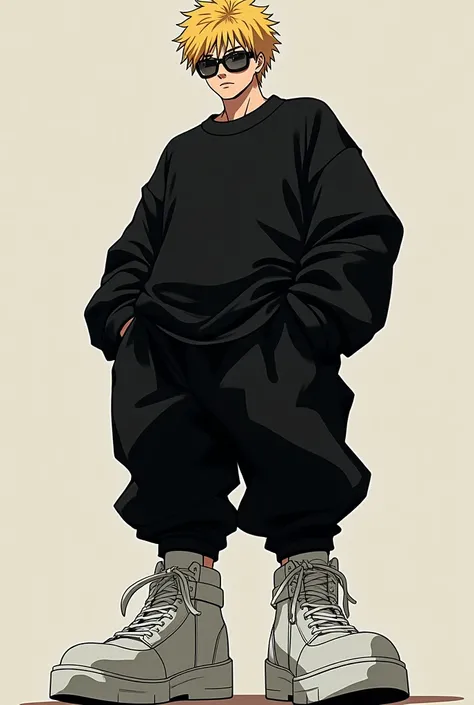 Honbre rubio,of anime,Serious face and black glasses black loose clothing and a black baggy and big white sneakers