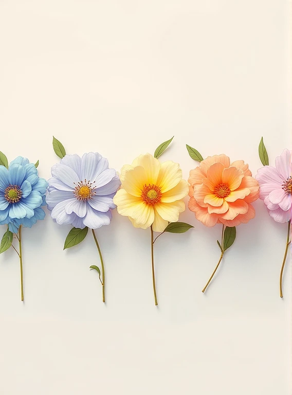 Close-up of various small flowers of different sizes pastel colors, light blue, yellow, lilac, orange, pink, lined up in a row, in digital illustration style, hand drawn illustration, stylized digital illustration, neat, fine art illustration, matte digita...