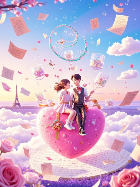 Transparent watercolor texture，White space artistic processing。Q version couple sitting on a letter written by a feather pen，Girl's skirt is dyed into a pink and blue starry sky，Boy's bow tie turns into a butterfly and rests on his shoulder。Floating dandel...